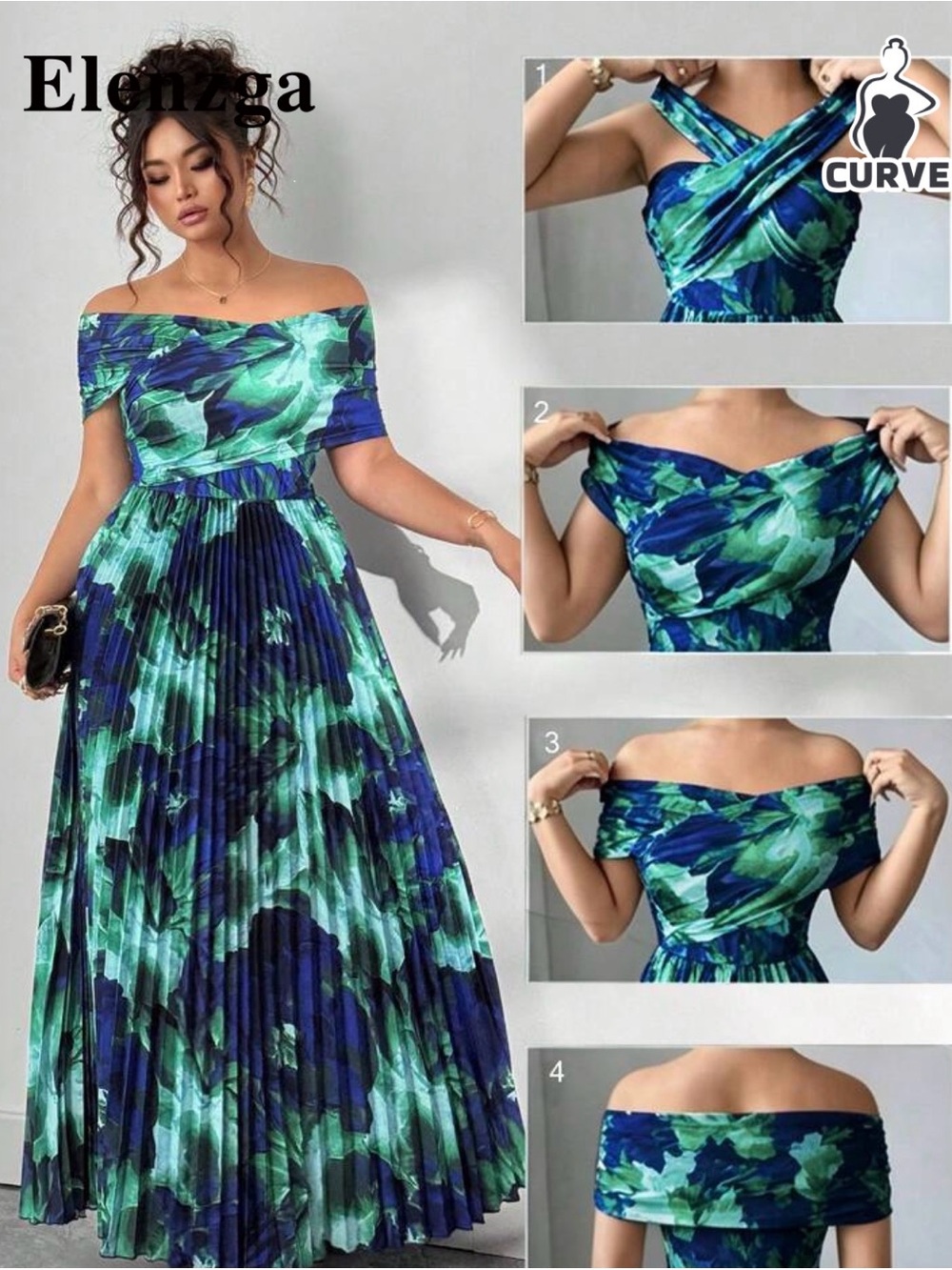 SHEIN Blue and Green Off-Shoulder Pleated Maxi Dress